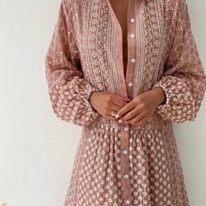 Zara Broderie Anglaise Eyelet Floral Embroidered Button Down Dress.  Size Small.